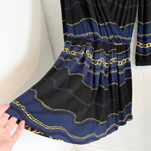 vintage Y2K Juicy Couture Mini dress Faux Wrap Scarf Chains print Navy Black L - Picture 8 of 13